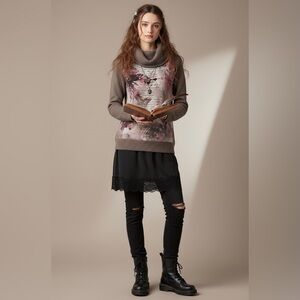 Orly Whimsigoth Cowl Neck Sweater Dark Academia Poetic Script Pullover Size XL